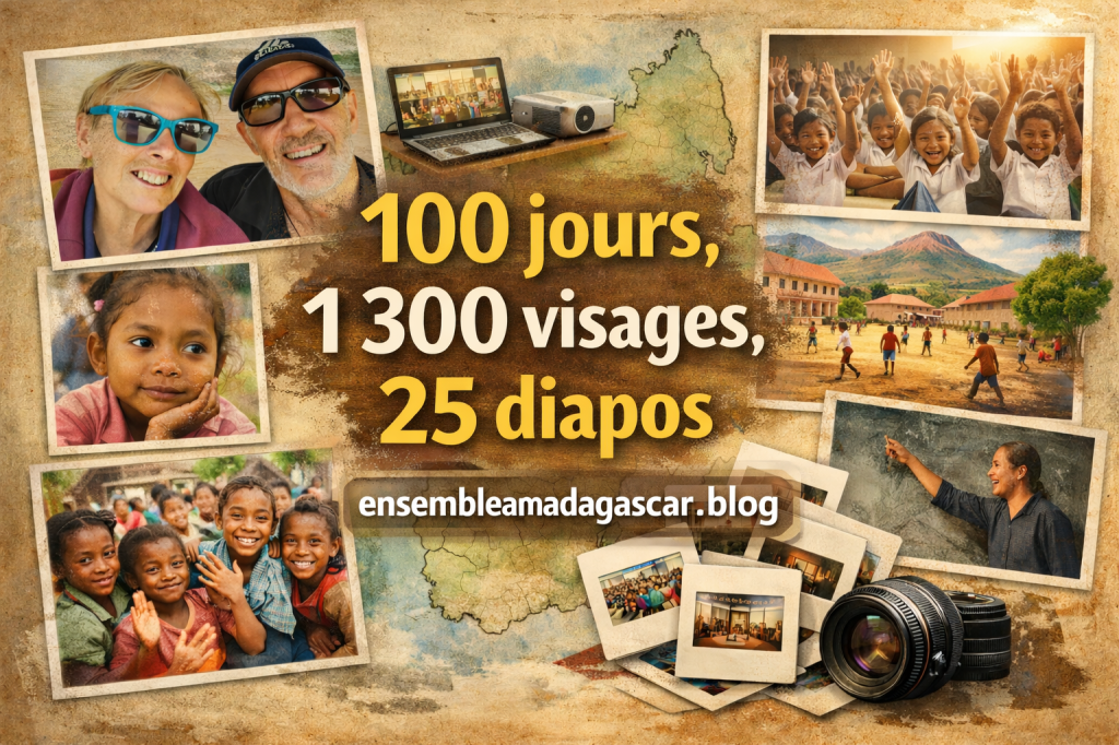 100 jours à Madagascar… et déjà contaminés (par la réalité) Un document à partager. Une aventure à ressentir. Une mission à encourager. 100 jours. 12 semaines loin de la famille, loin des repères, des agendas surchargés et du confort occidental. Trois mois immergés à Ambohimahasoa, au cœur de la communauté Saint-Joseph, entre école, collège, vie communautaire, prière, riz, poussière, sourires… et réalité brute. Ce document retrace nos premiers pas de mission : • des visages plus parlants que des discours, • une éducation qui se vit debout, serrés, parfois sans tables… mais jamais sans espérance, • une communauté simple, joyeuse, inventive, profondément humaine, • et cette question qui nous travaille déjà : qu’est-ce qui compte vraiment quand on n’a presque rien ? Ce n’est ni un reportage touristique, ni un rapport d’activités, ni un bilan institutionnel. C’est un témoignage de terrain, sincère, parfois dérangeant, souvent lumineux. Un document qui ne laisse pas indemne… et qui interroge nos certitudes bien installées. Regarder ce document, c’est entrer dans la mission. S’inscrire au blog, c’est accepter d’en être un peu partie prenante. Alors, simple curiosité… ou début d’un déplacement intérieur ? À découvrir ici : https://ensembleamadagascar.blog Inscription libre au blog pour suivre la suite de l’aventure